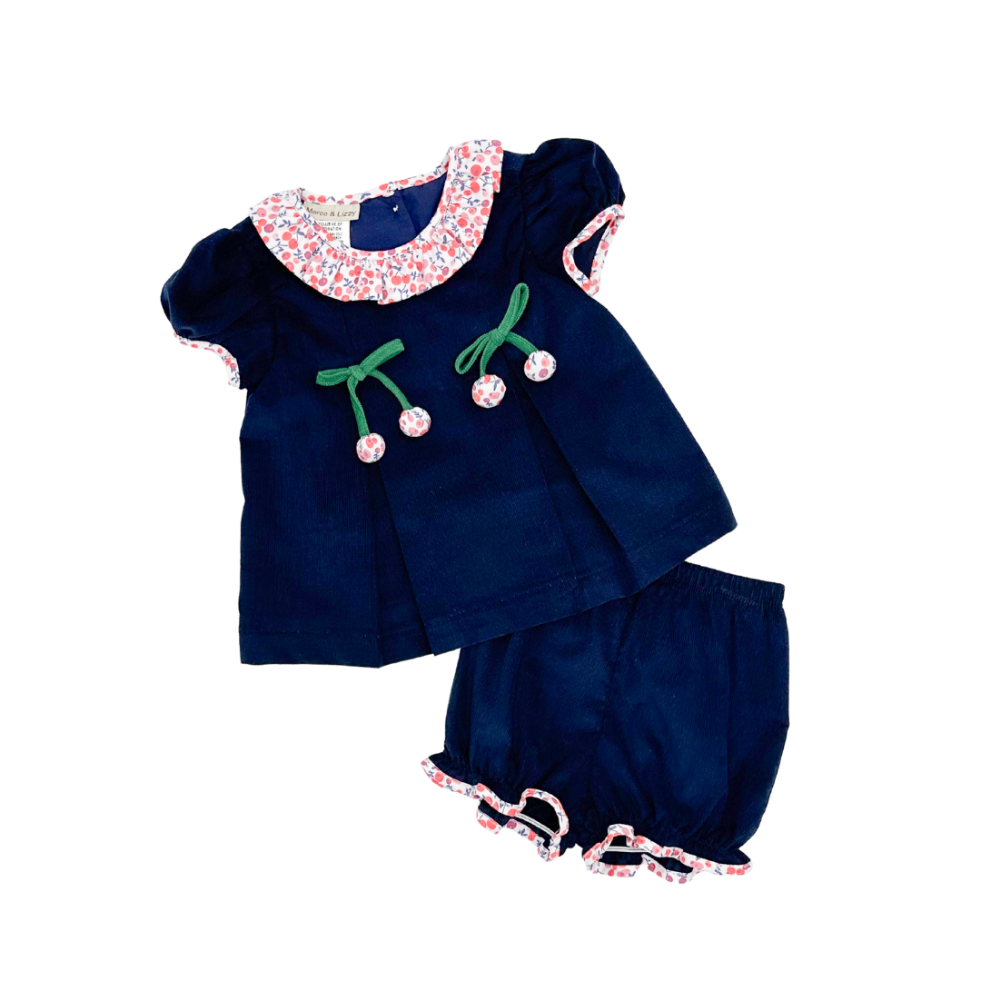 Cherries and Floral Navy Blue Corduroy Diaper Set