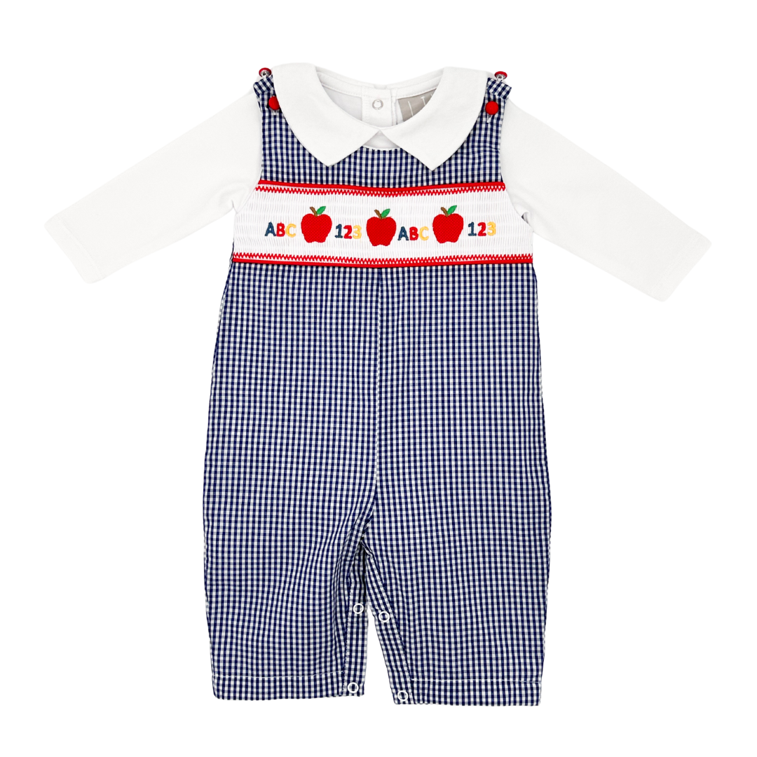 Blue Gingham 123 ABC School Smocked Overalls