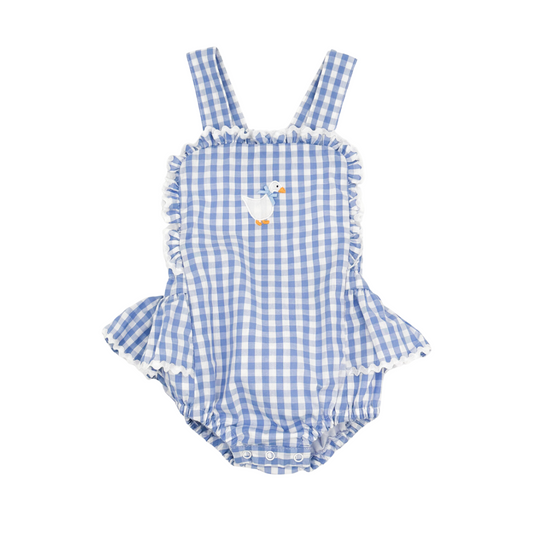 Blue Gingham Goose Lace Bow Ruffle Romper