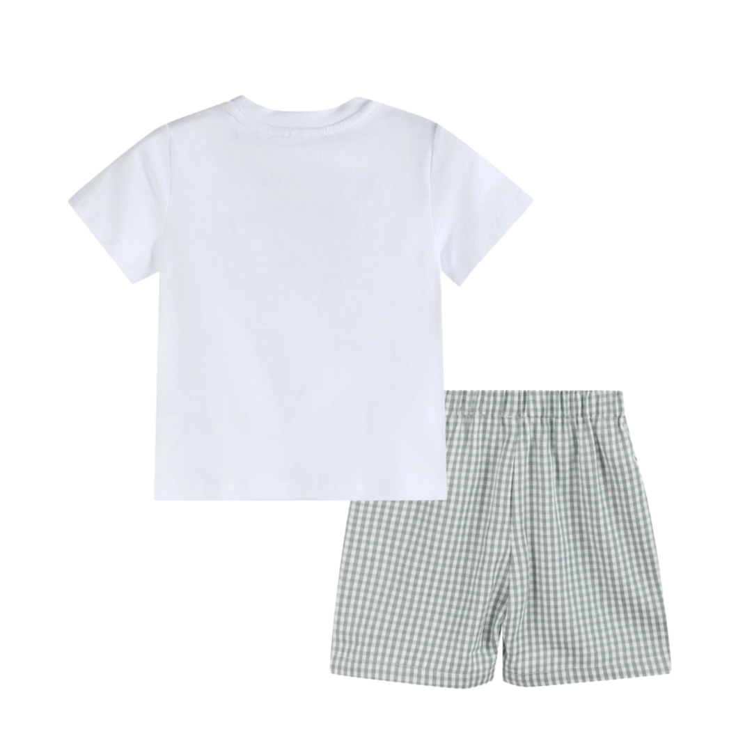 White Dinosaur Smocked Tee and Green Gingham Shorts