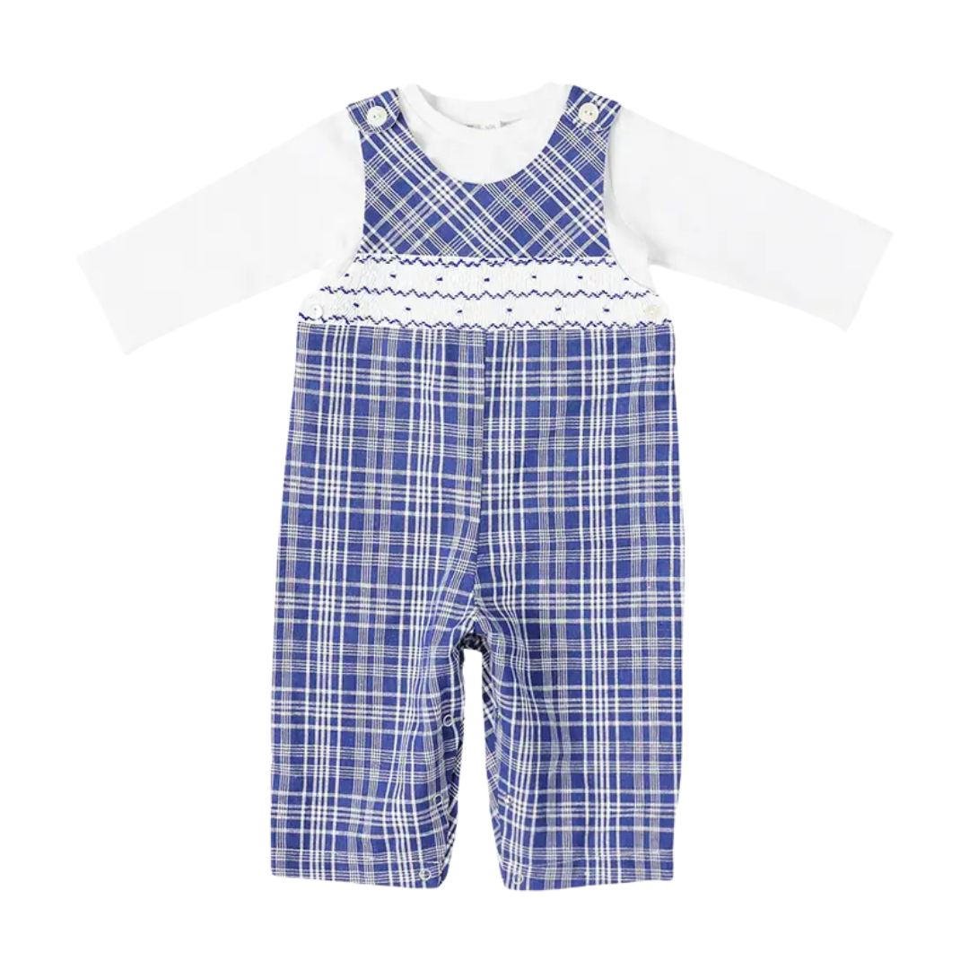 Blue Plaid Smocked Jon Jons and White Tee