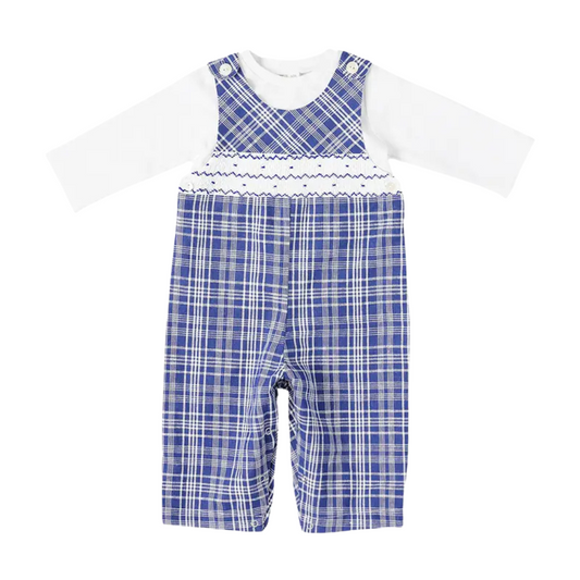 Blue Plaid Smocked Jon Jons and White Tee