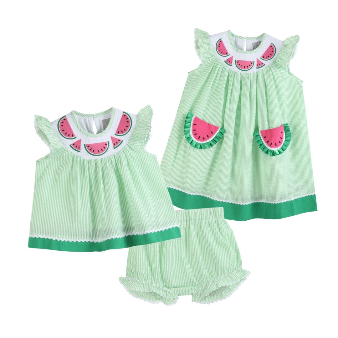 Green & White Stripe Watermelon Smocked Angel-Sleeve Dress and Bloomers